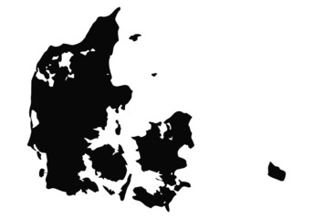 Mapa negro de Dinamarca sobre fondo blanco.
