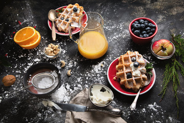 Christmas breakfast with waffles.