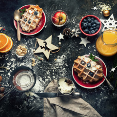 Christmas breakfast with waffles.