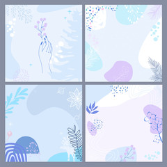 Fototapeta na wymiar Set of abstract square background with winter elements, shapes, plants in one line style. Background for mobile app page minimalistic style. Vector illustration