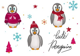 Cute penguins cartoon winter illustrations in clouds with lettering