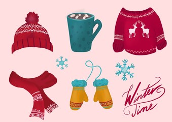 Winter mast have set clothes and cup with cocoa