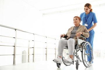 Nurse assisting elderly woman in wheelchair indoors. Space for text