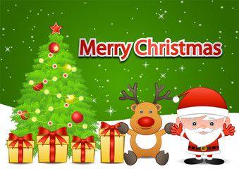 yellow Gift box nearby Santa Claus and reindeer,behind are tree,snow decorate with ball,cartoon version,vector illustration