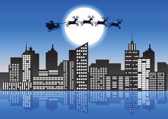 Santa Claus and reindeer fly over the city to send gift to people,lots of skyscraper and light form window