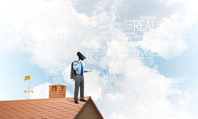 Concept of home security and privacy protection with camera headed man