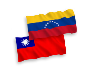 National vector fabric wave flags of Venezuela and Taiwan isolated on white background. 1 to 2 proportion.