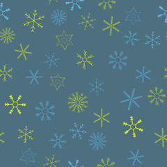 Snowflakes in different shapes and forms. Merry Christmas and New Year seamless vector pattern. Colorful background for Xmas.