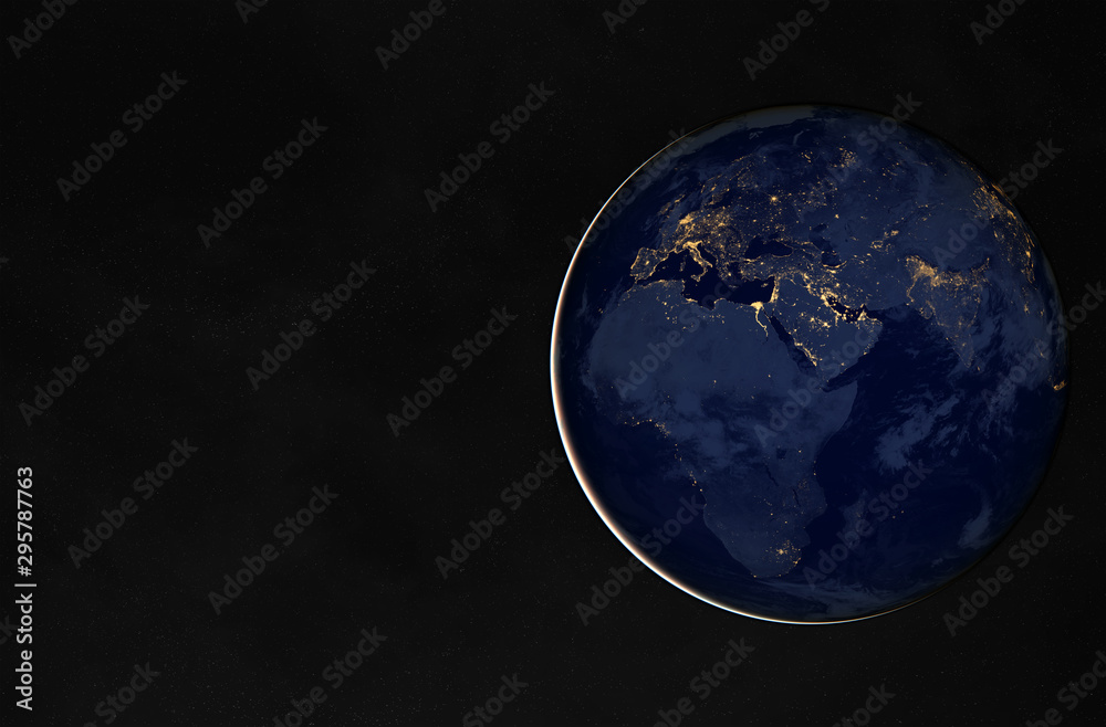 Poster view of planet earth at night with cities lights on europe and africa 3d rendering elements of this 