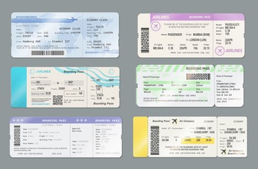 Boarding pass tickets with barcodes and QR codes - obrazy, fototapety, plakaty