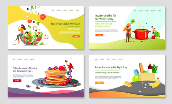 Set Of Web Page Design Templates For Healthy Cooking, Recipes, Fresh Vegetables, Grocery Store Or Market . Vector Illustration In A Flat Style Can Be Used For Poster, Banner, Website, Presentation.