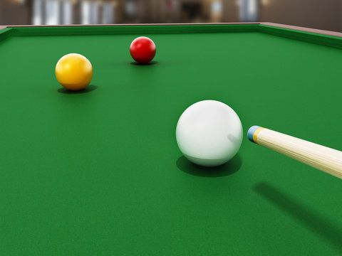 3 cushion billiards table and balls with pool cue. 3D illustration