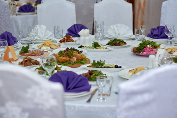 Delicious table with food, wedding, dishes, restaurant, holiday.