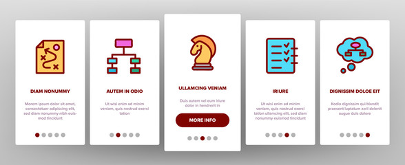 Planning Onboarding Mobile App Page Screen Vector Icons Set Thin Line. Chess Figures And Presentation, Mechanism Gears And Presenting Strategic Planning Linear Pictograms. Contour Illustrations