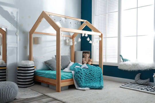 Cozy Child Room Interior With Comfortable Bed