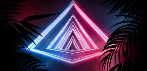 Neon, empty stage, wall, background with bright lighting, night city, night view. Tropical leaves. 