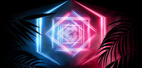 Neon, empty stage, wall, background with bright lighting, night city, night view. Tropical leaves. 