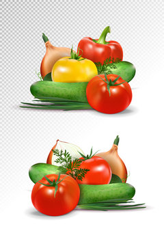 Vector realistic fresh ripe vegetables sets isolated on transparent background, 3d illustration, Tomato, paprika, cucumber, onion, carrot, potato.