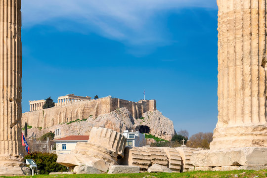 Acropolis in Athens, from temple of the Olympian Zeus in Athens, Greece.