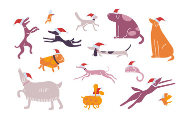 Funny christmas pet set. Winter fun. Collection of Happy friends play, walk outdoor. Animals celebrate new year. Shelter party for dogs, cats, birds. Holiday vector illustration isolated on white