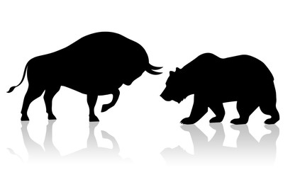 Black silhouette bull and bear financial icons.