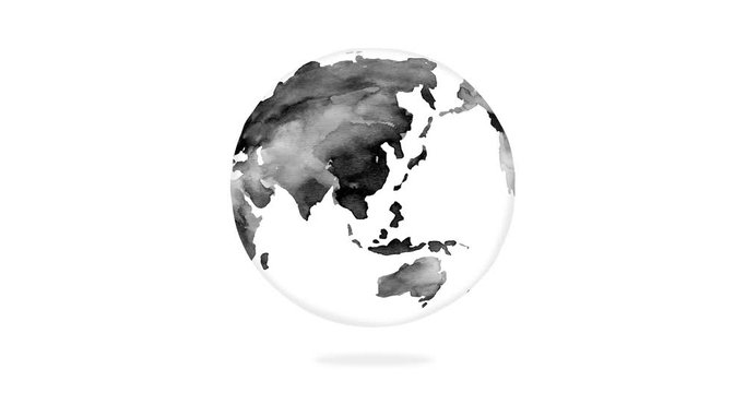 globe world map earth in watercolor style. 2d, animation, cartoon, illustration, clip art, vector. Web banner in black and white.