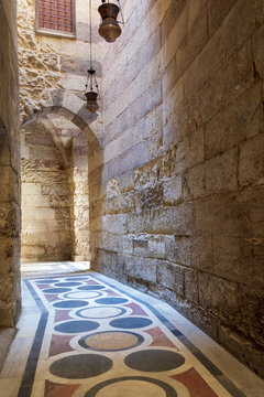 Vaulted passage leading to the Courtyard of Sultan Qalawun mosque with marble floor, Cairo, Egypt