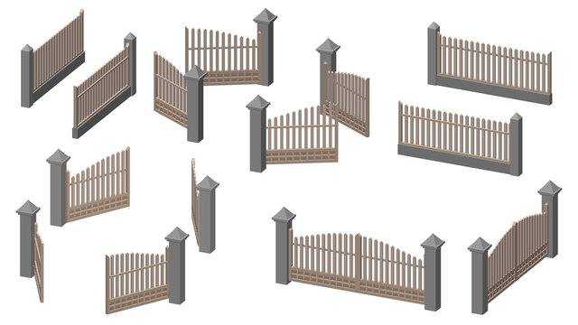 Set of fences and gates. Isolated on white background. 3d Vector illustration.