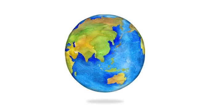 World globe, earth in watercolor style. 2d, animation, cartoon, illustration, clip art, vector. Web page sign. Time lapse.