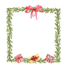 Watercolor vector Christmas frame with fir branches and gifts.