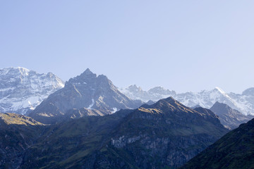 Landscape with snow mountains. Travel, alpinism concept. Copy space
