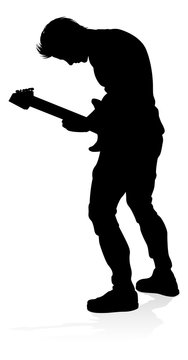 recommend clip art: A guitarist musician in detailed silhouette playing his guitar musical instrument.