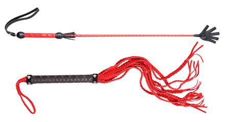 Collage of leather black and red whips for sex games.