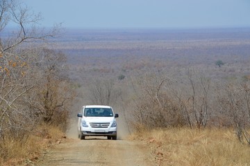 Obraz na płótnie Canvas Self drive minivan vehicle driving up a gravel dirt road in Kruger National Park, South Africa, with wilderness bushveld view stretching to the horizon in the background