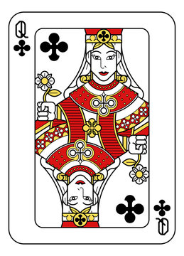 A playing card Queen of Clubs in red, yellow and black from a new modern original complete full deck design. Standard poker size