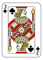 A playing card Jack of Spades in red, yellow and black from a new modern original complete full deck design. Standard poker size