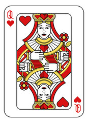 A playing card Queen of hearts in red, yellow and black from a new modern original complete full deck design. Standard poker size.