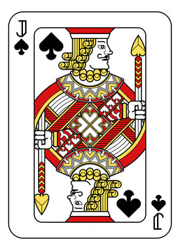 A playing card Jack of Spades in red, yellow and black from a new modern original complete full deck design. Standard poker size