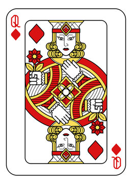 A playing card Queen of Diamonds in red, yellow and black from a new modern original complete full deck design. Standard poker size.