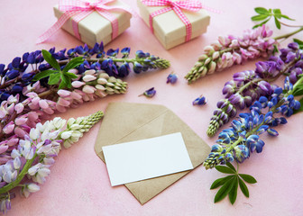 Mockup greeting card  with lupine flowers