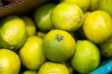 Colorful background of fresh picked, seasonal bright green lime citrus exotic fruit