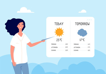 Weather forecast concept. Woman forecasting weather in tv news. Vector flat illustration. Forecast weather, meteorology and climate - obrazy, fototapety, plakaty