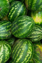 Striped ripe watermelon background ar farmer's market or grocery store front view. Vertical photo.