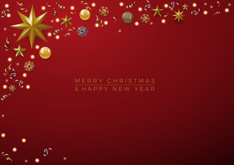 Christmas decorations with copy space in a frame and text on red background