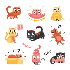 Cartoon cats. Funny kittens of different colors, funny lazy cat characters. Lovely playful pets, home animals vector set. Lazy cat, pet kitten, sleepy and playful illustration
