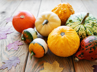 Pumpkins on a wooden table