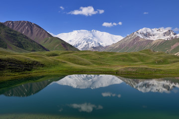 Naklejka na ściany i meble Pamir mountains, Landscapes in the Alay valley which is the trail for the peak the second largest in Kyrgyzstan and Tajikistan - Ibn peak Sina (Awicenna), old name peak of the Lenin, Kyrgyzstan