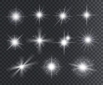 Light effect. White star sparks, bright flare with rays. Magic glowing dust particles. Christmas abstract elements isolated vector set. Illustration magic flare, sparkle vibrant christmas star