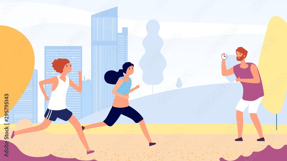 Poster Running training. Female running competition vector concept. Flat women run in park, coach with stopwatch. Illustration park jogging, people sport runner illustration