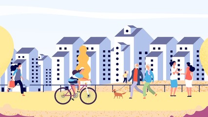 Autumn city street. Happy people in new district vector illustration. Autumn walk, flat men women couples. Autumn city with people ride and walk © MicroOne